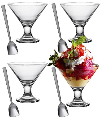 Glasia Set Of 4 Glass Ice Cream Bowls And 4 Stainless Steel Spoons | Small Dessert Cups For Parfait Sundae Snacks Fruit | Mini Sorbet Glasses | Footed Trifle Tasters With Spoon For Parties #TOP28