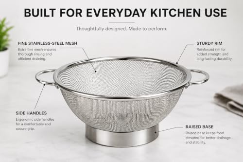 Image of Stainless Steel Mesh Colander 16 cm with Handles | Fine Strainer Basket for Herbs, Berries, Soup & Baby Food | Small Food Drainer | Rust Resistant Kitchen Sieve Bowl | Dishwasher Safe