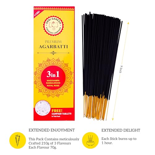 Image of Shri Ganesh Premium Agarbatti | 3-in-1 Incense Sticks | Pack of 3 (210 g Each) | 9 Fragrances Multi-Pack for Puja and Meditation