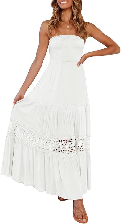 TANMESSOWomen's 2024 Bohemian Maxi Dress Strapless Off-Shoulder Design Lace Trim, Backless Maxi Dress