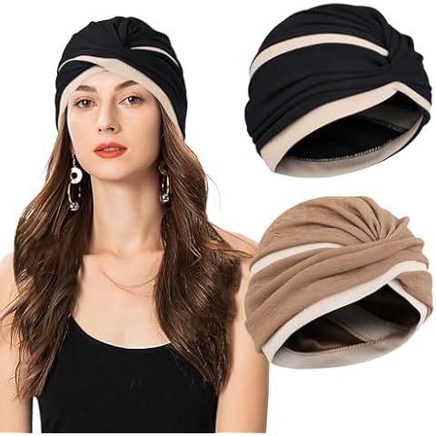 XEPST 2 Pieces Turbans for Women, Soft Pre Tied Knot African Turban Head Wraps Chemo Headwear Pleated Beanie Cap Sleep Hat Hair Loss Hat Chemo Cancer Cap for Women Cover