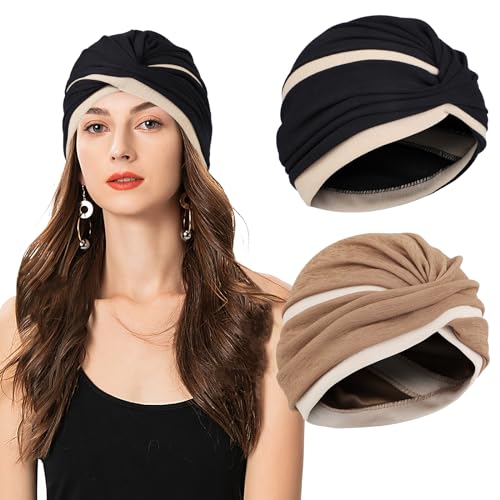 XEPST 2 Pieces Turbans for Women, Soft Pre Tied Knot African Turban Head Wraps Chemo Headwear Pleated Beanie Cap Sleep Hat Hair Loss Hat Chemo Cancer Cap for Women