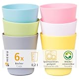HEKU Set di 6 bicchieri riutilizzabili in pastello, 0,2 l, in materiale PP, leggeri e robusti, lavabili in lavastoviglie e adatti al microonde