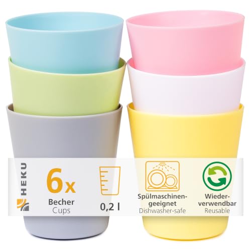 HEKU Set di 6 bicchieri riutilizzabili in pastello, 0,2 l, in materiale PP, leggeri e robusti, lavabili in lavastoviglie e adatti al microonde