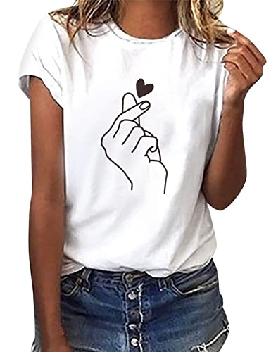 heekpek Femme T Shirt Blanc Chic T Shirts Col Rond Haut Manches Courtes Ete T Shirt Coton Tee Shirt Imprimé pour Femmes Files, Cœur, Taille L