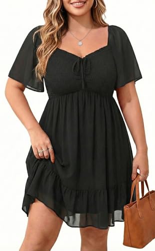 Talisea Plus Size Women Black Summer Dress Short Sleeve Smocked