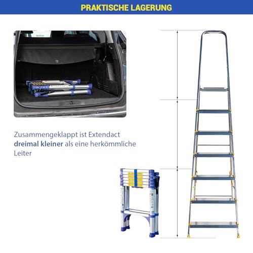 Teleskop-Trittleiter mit 7 Stufen EXTENDACT6, Teleskopleiter 2m+1.7m, Faltbare Teleskop-Trittleiter, Max. Arbeitshöhe 3,5m, 5 Jahre Garantie, Hostrom