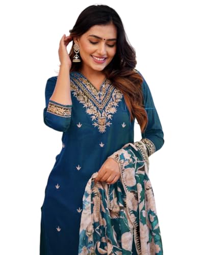 Image of Women Afghani Viscose Rayon Kurta Pant Dupatta Set with Embroidered Neck Work and Floral Print Organza Dupatta | Ethnic Straight Suit Set