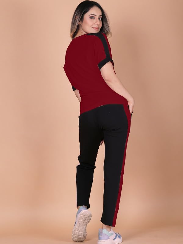 Image of DTR FASHION Polyester Blend Shoulder Stripes Tracksuit | Night Wear Suit For Women