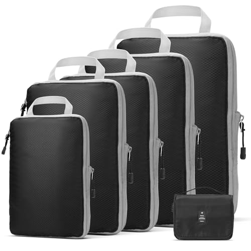 OrgaWise Extra Large Compression Packing Organiser 5/6 Set Cube Suitcase Storage Organizer Bag Expandable Packing Divider Pouch for Packing (Black)