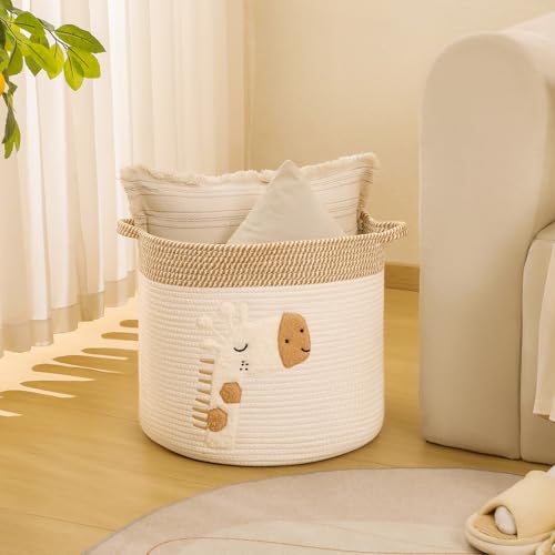 Image of Large Blanket Baskets for Living Room Decor, Toy Storage Baskets 14 inch x 14 inch Woven Cotton Rope Basket for Kids, Dog Toys Organizer Clothes Hamper with Embroidery Decor for Nursery Laundry, Giraffe