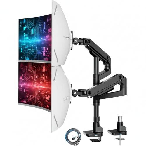 Image of ARES WING Tall Vertical Dual Ultrawide Monitor Mount with USB for 17-49'' Screen, Holds 44 Lbs, Computer Arms for 2 Screens with Gas Spring, Adjustable Double Monitor Stand for Desk, Black