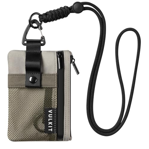 Image of VULKIT Small Minimalist Wallet for Women and Men RFID Blocking, Zipper Coin Pouch with ID Window and Keychain, Water Resistant Travel Lanyard Wallet Olive Green