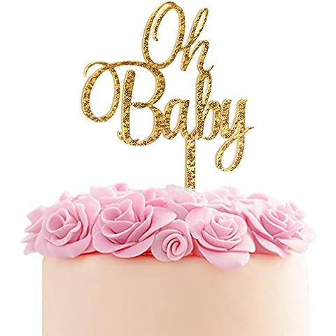 Oh Baby Cake Topper, Premium Acrylic Happy Birthday Baby Shower Cake Toppers for Boys and Girls, Gender Reveal Birthday Anniversary Party Decorations Supplies, Gold Glitter Cover