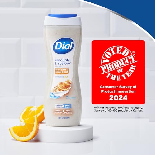 Image of Dial Body Wash, Orange Peel & Cocoa Butter, Vitamin E, 16 Fl Oz, 4 Count | Gentle formula for daily use, Helps nourish skin, No parabens or sulfates, Dermatologist tested, Leaves skin feeling restored