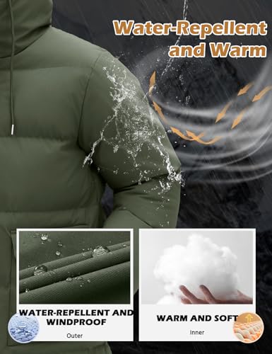 Xnova Winterjacke Herren Gefütterte Lang Steppjacke Bubble Jacket Winddicht Warme, Wasserabweisend Parka Mantel mit Kapuze (Grün, L)