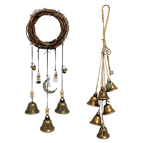 Witch Bells for Door Knob for Protection, 2 Pack Handmade Witch Bells 13.5 & 12.2 Inch with Brass...