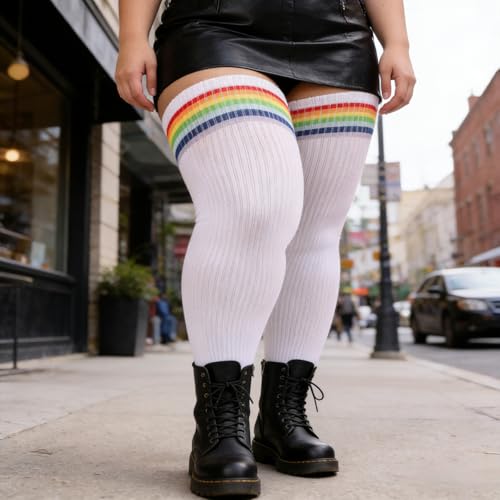 Image of DRESHOW Plus Size Thigh High Socks Striped Over Knee Long Boot Stockings Knee High Tube Socks Leg Warmers for Women