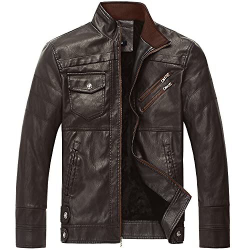 Wulful Men's Vintage Stand Collar Leather Jacket Motorcycle Pu Faux Leather Outwear #TOP11