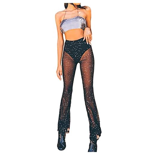 Anlaey Rave Mesh Sheer Dance Pants Sparkly Sequin Flared Bell Bottom Pants High Waist Festival Clubwear Outfits for Women