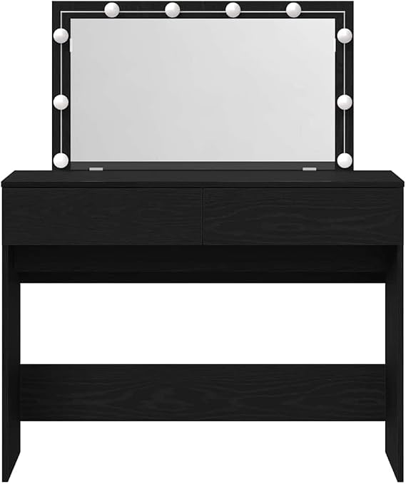 Modern Dressing Table with Mirror, 100 cm Wide Black Oak Engineered Wood, USB Lights, 100x40x120 cm