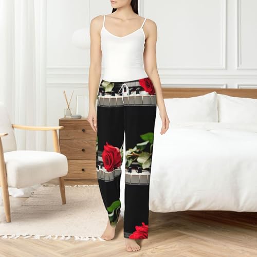Pantalon pyjama flanelle rouge piano femme vêtement nuit chaud poches