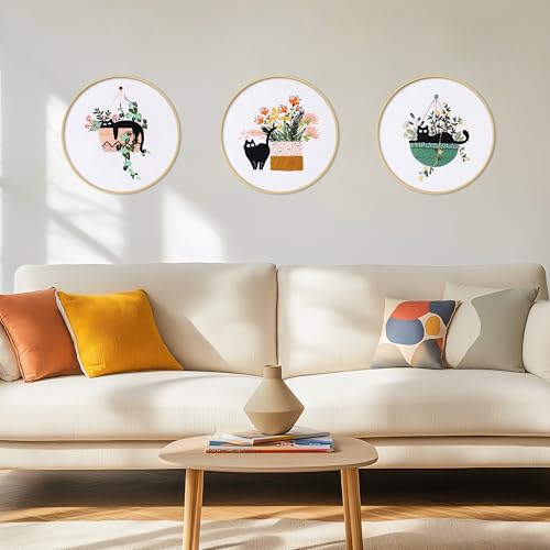 Image of KEKEMEOW 3 Sets Embroidery Kit for Beginners, Stitches with Black Cat and Flowers, Embroidery Stitch Practice kit for Adults Craft Lover, Needlepoint Hand Embroidery Kit with Pattern、Instruction、Hoop