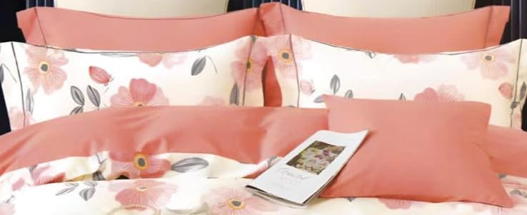 Image of Bedding Set Combo of Double Bed Duvet Cover Set with Fitted Bedsheet & 2 Pillow Covers | 300 TC Cotton Fabric | Zipper Closure |All Round Elastic|Warm Stuff|SED 027|Orange Petals | Breathable material