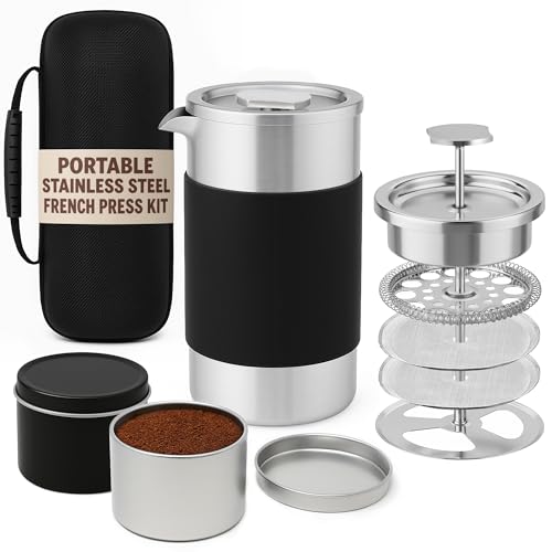 Small French Press Coffee Maker Set - 12 oz | Portable Travel French Press Coffee Maker | Double Wall Insulated with Dual Stainless Filters & 2 Steel Canisters for Grounds, Tea, Creamer & Sugar