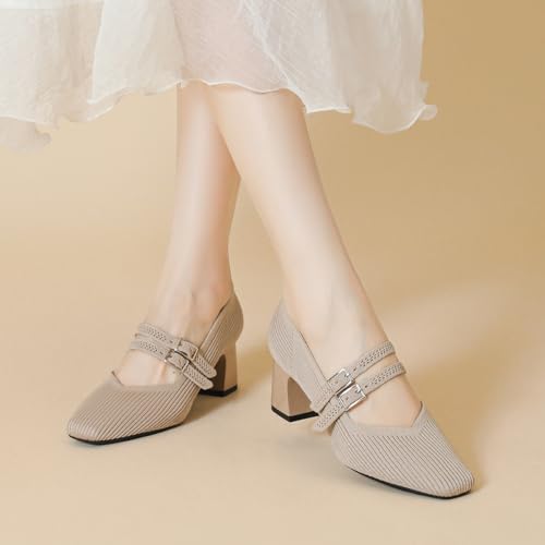 HROYL Women Knit Shoes Low Heel Dress Pumps Chunky Heel Mary Jane Work Party Shoes,Model 569-12