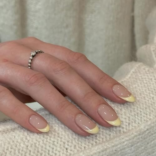 Yellow French Tip Press on Nails Medium Almond French Nails Press ons with Design Full Cover Glue on Nail Stick on Nails for Women Manicure Reusable | Artificial | Nail Sticky Tab | Easy Apply | 24Pcs