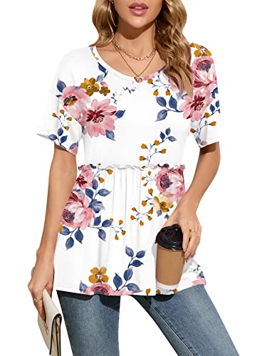 Anyproud Women's Short Sleeves Summer Tops Round Neck Shirts Cute Babydoll Style Tunics(B-White Floral, X-Large) #TOP3