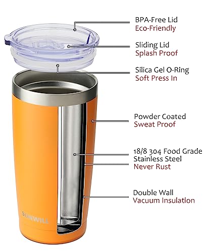 Sunwill 20Oz Tumbler With Lid, Stainless Steel Vacuum Insulated Double Wall Travel Tumbler, Durable Insulated Coffee Mug, Powder Coated Orange, Thermal Cup With Splash Proof Sliding Lid #TOP1