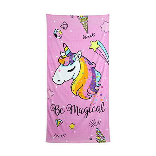 Secaneta Toalla Playa Unicornio Infantil Niñas de 75x150 cm, Tejido Velour Algodón 100%, (Rosa), 75 x 150 cm