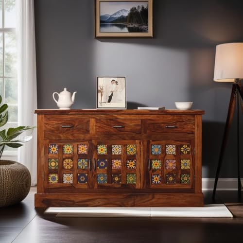 Image of Solid Sheesham Wood Sideboard Cabinet Storage with 3 Door & 3 Drawer Wooden Storage Organizer Cabinet for Home Kitchen Living Room Bedroom Hallway Dinning | Natural Honey Finish | Pre-Assembled