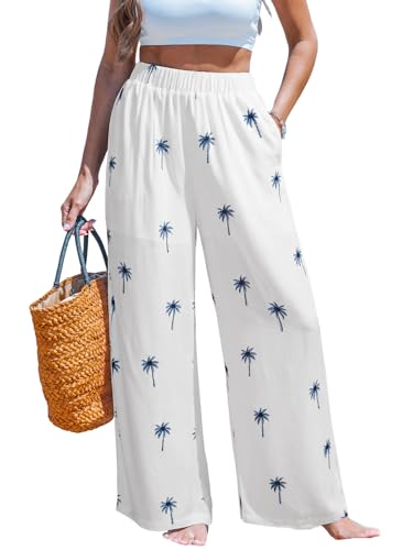 Image of CUPSHE Women's Wide Leg Beach Pants - Tropical Floral with Pockets Plus Size Casual Flowy Vacation Bottoms