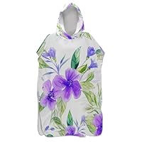 Watercolor Purple Flowers White Surf Poncho for Adult Changing Robe Hooded Beach Towel Print Quick Dry Adult Ponchos for Women