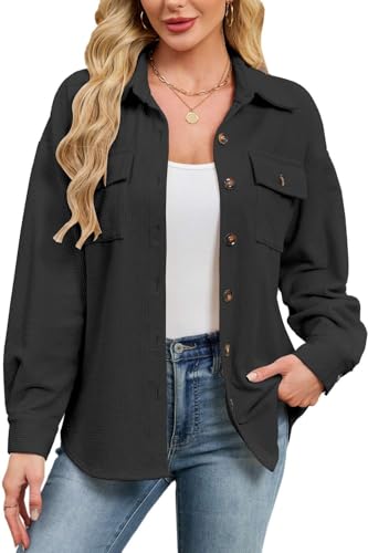 Pawate Cordhemd Damen Lang | Elegante Cordbluse mit Oversize-Passform & Zwei Taschen | Lässige Jacke Damen-Alternative mit rundem BogensaumSchwarz/L