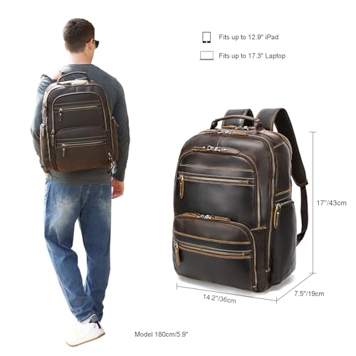 LANNSYNE Vintage Mens Full Grain Leather Backpack Fits 17.3 Inch Laptop, Large Casual Rucksack Shoulder Bag For Travel/Camping/Hiking-Brown - Image 3