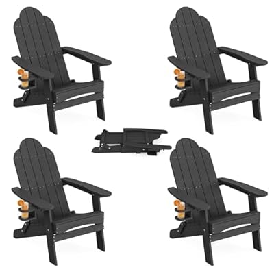 LUE BONA Folding Adirondack Chair, Adirondack Chairs Set of 2, Cup Holder, Woodgrain, Fire Pit, Patio, Pool, Black