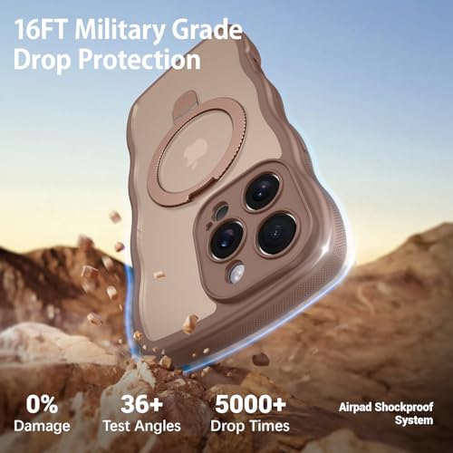 Image of GUAGUA for iPhone 16 Pro Max Case with Stand, Magnetic Cases Curly Wavy Edge Anti-Slip Translucent Matte Back Invisible Ring Shockproof Kickstand Cover for iPhone 16 Pro Max, Brown