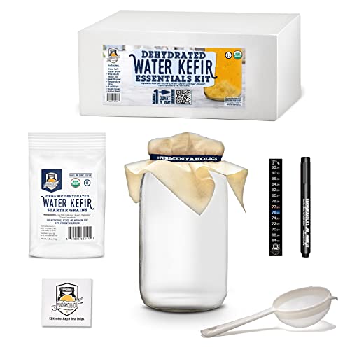 Water Kefir Essentials Kit - ORGANIC DEHYDRATED WATER KEFIR GRAINS (starter culture) + 1-Quart Glass Fermenting Jar with Breathable Cover, Rubber Band, Adhesive Thermometer - Brew Water Kefir at Home