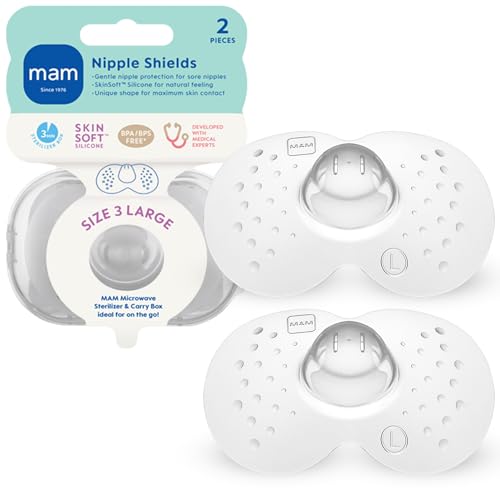 Image of MAM Nipple Shields for Breastfeeding Large 23mm – Ultra Thin Silicone Shield for Latch Assist, Protects Sore or Flat Nipples, SkinSoft Surface, Sterilizing Case Included, BPA Free (2 Pack)