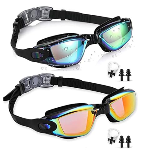 XFSRG 2 Piezas Gafas Natacion Hombre Mujer Anti Empañante y Protección UV con Caja de Gafas para Nadar Bucear(Oro + Naranja)