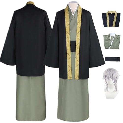 Anime Bungou Stray Dogs Fukuzawa Yukichi Disfraz de Cosplay Traje Juego Rol Peluca Kimono Verde Negro Conjunto Accesorios Halloween Comic Con Fiesta Carnaval Uniforme para Adultos Niños Traje Unisex
