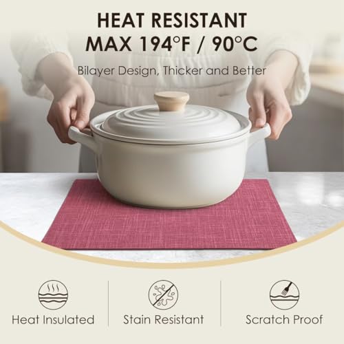 Aironment Placemats Set of 6, Bilayer Thickened Linen Place Mats Heat Resistant Machine Washable Wrinkle Free Carefully Selected Polyester Mats for Kitchen/Dining/Coffee Table (Pink) by Aironment - Image 2
