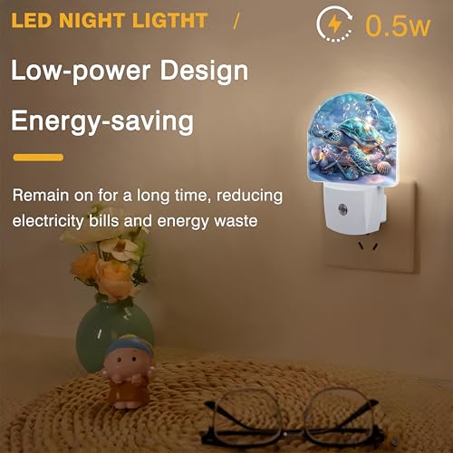 Image of Ocean Animal Night Light, Sea Turtle and Seashell Night Lights Plug into Wall Dusk to Dawn Sensor Round Nightlight for Women Men Energy Efficient Led Lamp 0.5W for Stairway Hallway Bedroom
