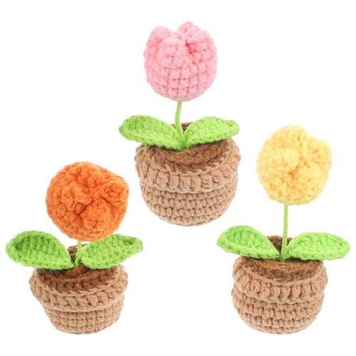BEBEMOKO Set 3 Piante Mini Bonsai All’Uncinetto Vaso Tulipano Colorato Decorazione Floreale Artigianale per Casa Ufficio e Auto Ornamento da Scrivania Resistente e Dettagliato