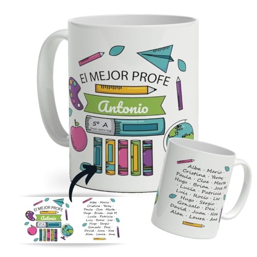 DEREGALOOS Taza Personalizada con nombre para Profesores. Tazas de Desayuno personalizada Profesores. Regalo Original para Profes. Regalos Profes Navidad. Regalo fin de curso.