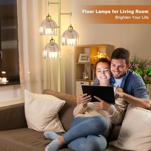 Image of Gold Floor Lamps for Living Room Vintage Floor Lamp with Glass Lmapshape & Three Led Bulb,Green Floor Lamp Brass Mid Century Modern Standing Lamp Tall Tree Flower Floor Lamps for Bedroom,Office,Corner
